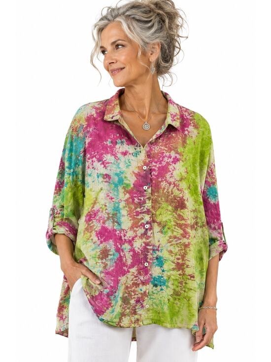 Dilemma Tops - Dilemma New York Womens Button Up Shirt Size L Watercolor Art To Wear Rave